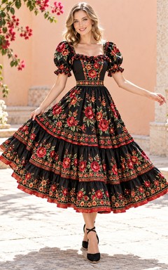 Black Square Neck Rose Embroidered Puff Sleeve Tiered Festival Dress