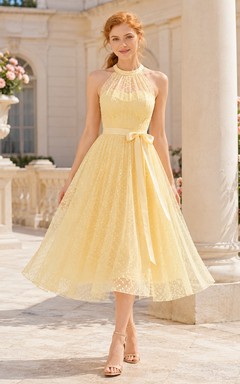 Daffodil Tulle Jewel Neck Sleeveless A-Line Tea-length Bow Formal Dress