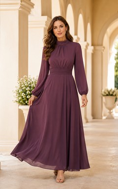 Plum Modest High Neck Long Sleeve Chiffon Floor Length A Line Dress