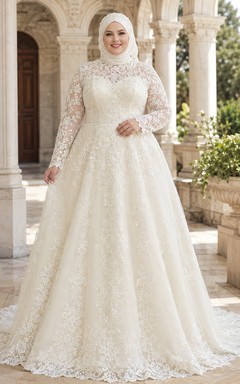 Plus Size Muslim Long Sleeve Lace A-Line Chapel Wedding Dress