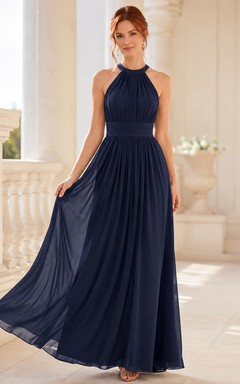 Dark Navy Formal Black Tie Wedding Guest Bridesmaid Evening Formal Dress A-Line Floor-Length Halter High Neck Sleeveless Chiffon Strappy Back