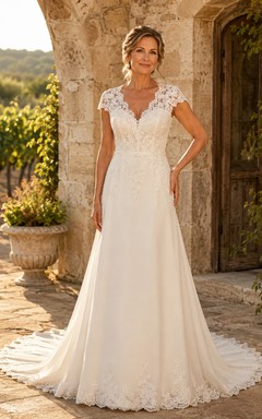 Romantic V Neck Lace Chiffon Wedding A Line Cap Sleeve Court Train