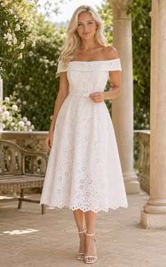 White Off-Shoulder Eyelet Lace A-Line Tea-Length Romantic Summer Wedding Guest Dress
