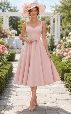 Blush Pink Square Neck Sash Derby Garden Midi Dress