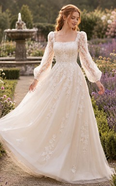 Square Neck Bishop Sleeve Floral Lace Garden Bridal Gown