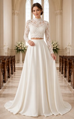 High Neck Long Sleeve Lace Top Satin Chapel Bridal Set