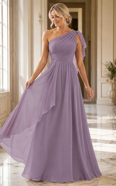 Lavender One-Shoulder Draped Pleated Chiffon Modern A-Line Bridesmaid Gown Reception