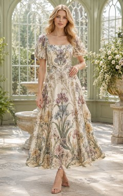 Vestido midi de invitada con mangas abullonadas y estampado floral estilo Art Nouveau