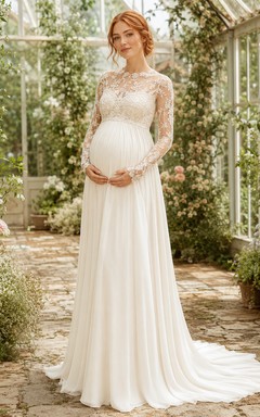 Vestido de novia premamá de cuello alto, manga larga, corpiño de encaje, corte A, estilo jardín, espalda descubierta.