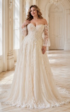 Vestido de novia formal de sirena de talla grande con hombros descubiertos, romántico y elegante.
