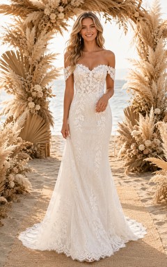 Off Shoulder Pampas Boho Mermaid Lace Ceremony Wedding Dress