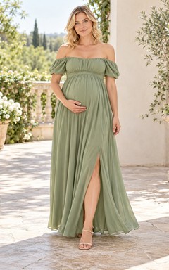 Maternity Sage Off Shoulder Empire Split Chiffon Long Guest Dress