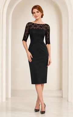 Vestido de invitada negro de manga tres cuartos con encaje de jersey transparente y escote barco, largo hasta la rodilla.