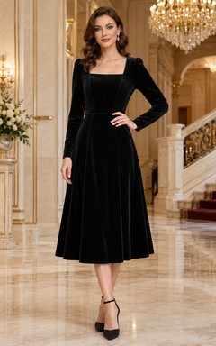 Robe midi de théâtre en velours noir à col carré et manches longues, coupe trapèze