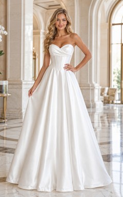 Robe de bal blanche de luxe sans bretelles en satin à décolleté cœur, idéale pour une cérémonie civile.