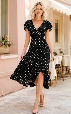 Schwarzes, gepunktetes Chiffonkleid mit V-Ausschnitt, flatternden Ärmeln und asymmetrischem Schnitt – perfekt für Teegäste