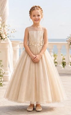 Champagne Square Neck Sleeveless Tulle A-Line Tea-length Romantic Flowergirl Dress