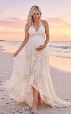 Maternity Halter Lace High-Low Tiered Beach Wedding Dress