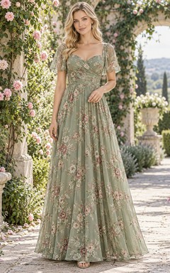 Vestido de dama de honor de gasa con corte en A, escote corazón y estampado floral verde salvia vintage.