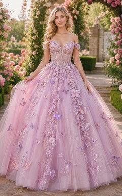 Vestido de princesa de quinceañera con estampado floral y hombros descubiertos, color lila rubor, con jardín de mariposas y estampado de mariposas.