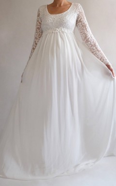 Robe de mariée empire en mousseline, manches longues, style simple/décontracté, taille haute et traîne.