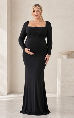 Black Square Neck Long Sleeve Plus Size Sheath Stretch Maxi Dress