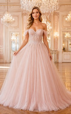 Blush Strapless Sweetheart Tulle Ball Gown With Lace Bodice