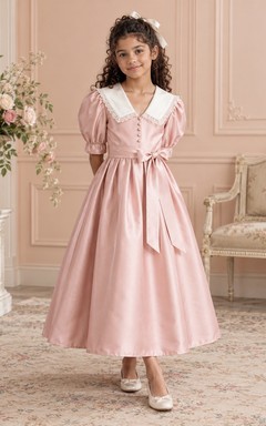 Vestido de niña de flores rosa vintage con corte en A, mangas abullonadas, cuello marinero y lazo lateral, de satén, largo hasta los tobillos.