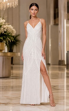 Vestido de noche formal ajustado, blanco, de jersey, con escote en V y abertura.