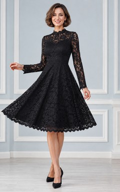 Schwarzes Vintage-Cocktailkleid in A-Linie mit hohem Kragen, Illusion-Spitze und langen Ärmeln