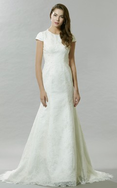 Floor-Length Bowed Cap Sleeve Scoop Neck Lace Wedding Dress