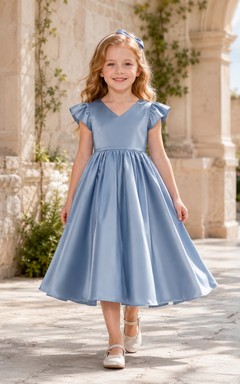 Sencillo vestido de niña de flores de satén con corte en A, cuello redondo, falda a media pierna y detalle de lazo.