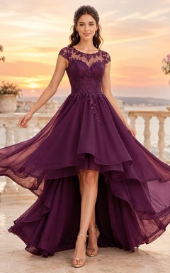 Plum V-Neck Short Sleeve Tiered Tulle High-Low Prom Dress