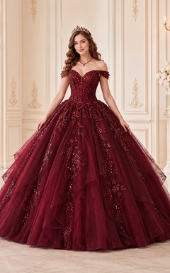 Robe de bal de quinceañera bordeaux, tulle à plusieurs épaisseurs, épaules dénudées, application de luxe, tenue de soirée