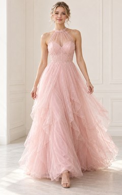 Blush Halter Sweetheart Lace Bodice Layered Tulle Long Prom Dress