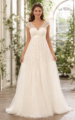 Romantic Scoop Neck Lace Wedding A Line Empire Cap Sleeve Sweep Train