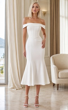 Sculpted Matinee White Mermaid Tea-Length Off-Shoulder Short-Sleeve Stretch-Satin Sexy Cocktail Dress