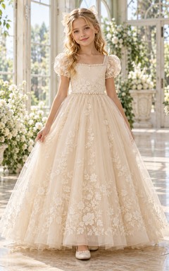 Square Neck Champagne Pearl Puff Lace Ball Flower Girl Dress
