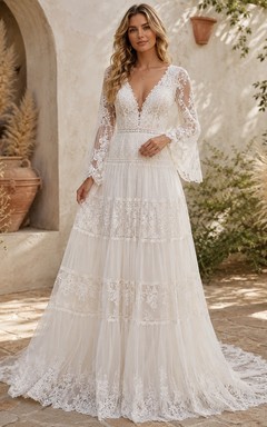 Vestido de novia blanco romántico de manga larga, escote en V, corte en A y encaje con volantes