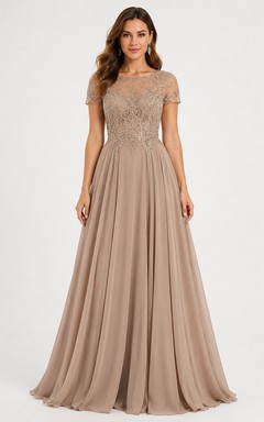 Vestido de encaje de corte A para la madre de la novia con detalles de joyas, manga corta y pliegues de encaje, largo hasta el suelo.