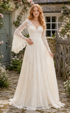 Robe de mariée trapèze en dentelle champêtre à col en V et manches cloche