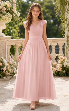 Elegantes, perlmuttrosa Brautjungfernkleid in A-Linie mit V-Ausschnitt und kurzen Ärmeln