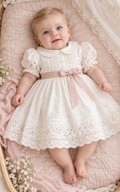 Ivory Rounded Collar Eyelet Puff Sleeve Pink Bow Baptism Dress