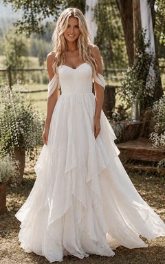Off-the-shoulder Sweetheart Ethereal Chiffon Floor Length Boho Wedding Dress