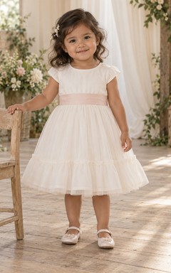 Simple Modest Ivory Knee Length Narrow Blush Band Cap Sleeve Tiered Flower Girl Dress