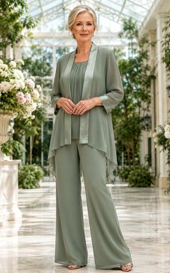 Salbeigrüner, moderner, asymmetrischer Wasserfall-Hosenanzug mit weitem Bein, Dreiviertelärmeln und Lagenlook für die Mutter der Braut