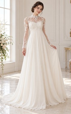 Modest High Neck Long Sleeve Lace Chiffon Empire Wedding Dress