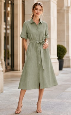 Celadonfarbenes, kurzärmeliges Vintage-Teehemdkleid aus Baumwolle mit Kragen, Gürtel und Knöpfen