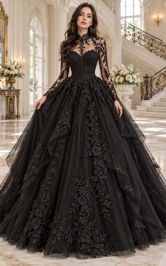 Gothic Black High Neck Long Sleeve Layered Wedding Ball Gown