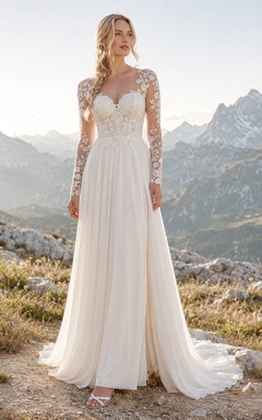Spitzenkleid in A-Linie, V-Ausschnitt, lange Ärmel, Illusion-Effekt, schwungvoller Bohème-Stil